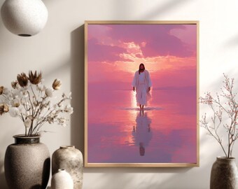 Può includere: Una stampa incorniciata raffigura una figura in abito bianco che cammina sull'acqua, sullo sfondo di un tramonto rosa e arancione. L'opera d'arte è esposta su una superficie di legno, con vasi decorativi e una lampada a sospensione sullo sfondo.