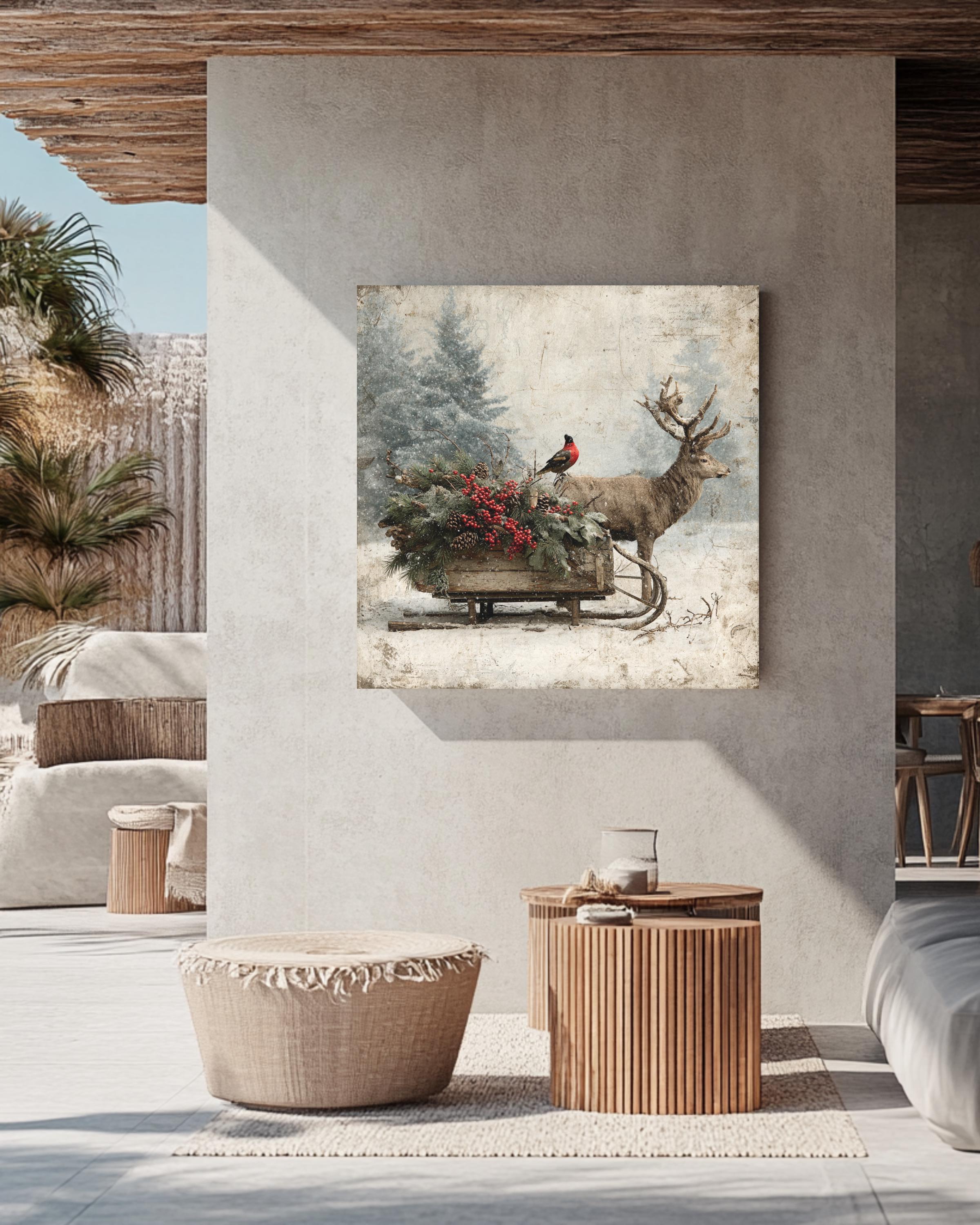 Rustic Winter Deer and Cardinal Wall Art | Vintage Christmas Woodland ...