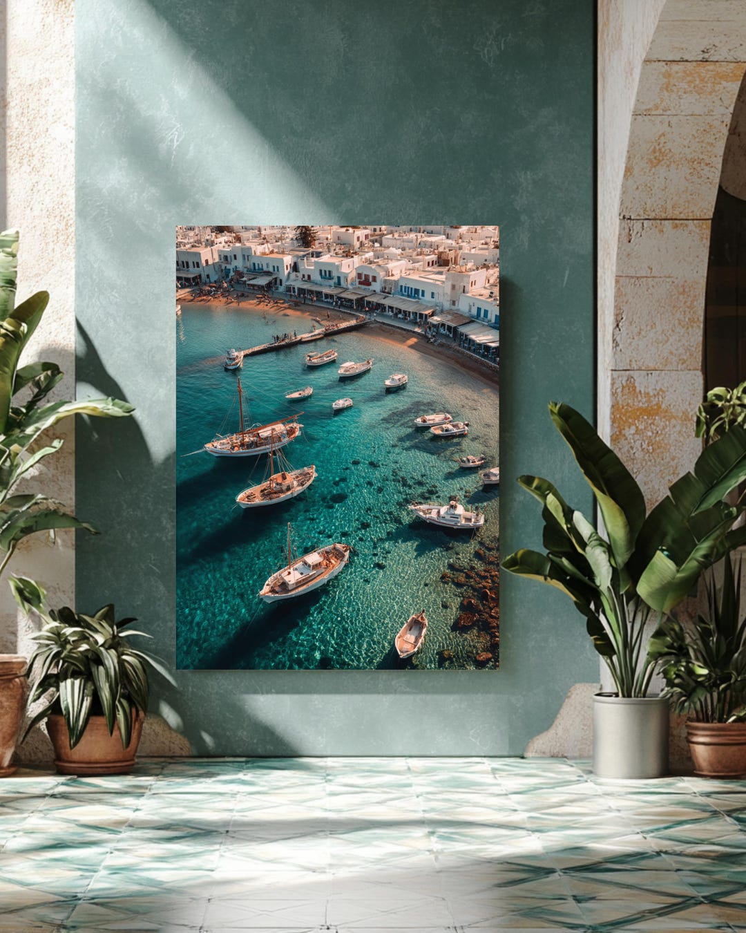 Mediterranean Coastal Harbor Wall Art Print – Aegean Sea Boats ...