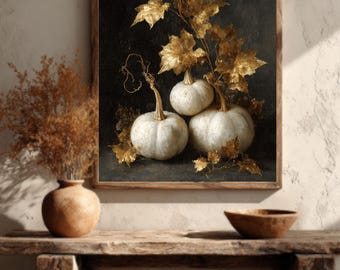 Lienzo con pintura de calabaza vintage, arte de pared de granja en tonos neutros otoñales