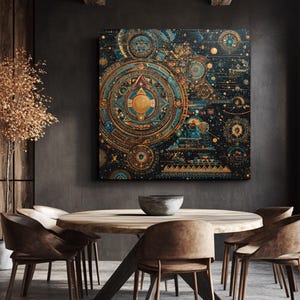 Könnte beinhalten: Ein großer, quadratischer Leinwandkunstdruck mit einem Himmelsdesign in Blau-, Gold- und Brauntönen hängt an einer dunkelgrauen Wand. Das Kunstwerk zeigt komplizierte geometrische Muster und himmlische Elemente. Darunter befindet sich ein runder Esstisch aus Holz, der von braunen Stühlen umgeben ist.