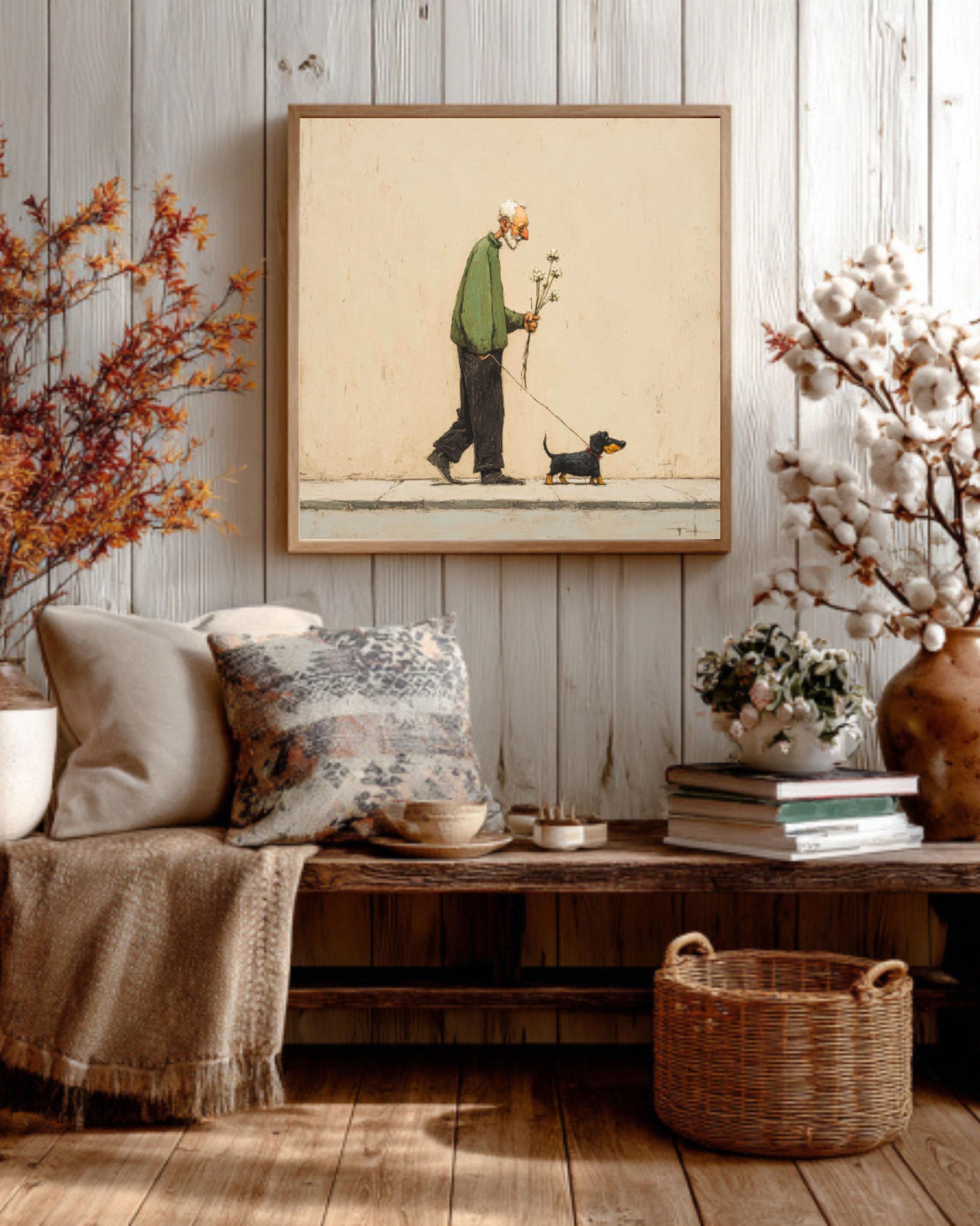 Whimsical Old Man Walking Dog Wall Art, Dachshund Canvas Print