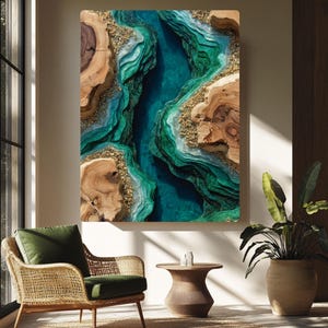 Puede incluir: Una gran obra de arte mural rectangular que representa una escena de río con un río azul turquesa que fluye a través de formaciones rocosas verdes y azules en capas. La obra de arte presenta elementos de madera natural y detalles dorados, creando un efecto texturizado tridimensional.