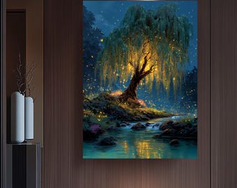 Impresión en lienzo de sauce luciérnaga: Arte fantástico del bosque encantado