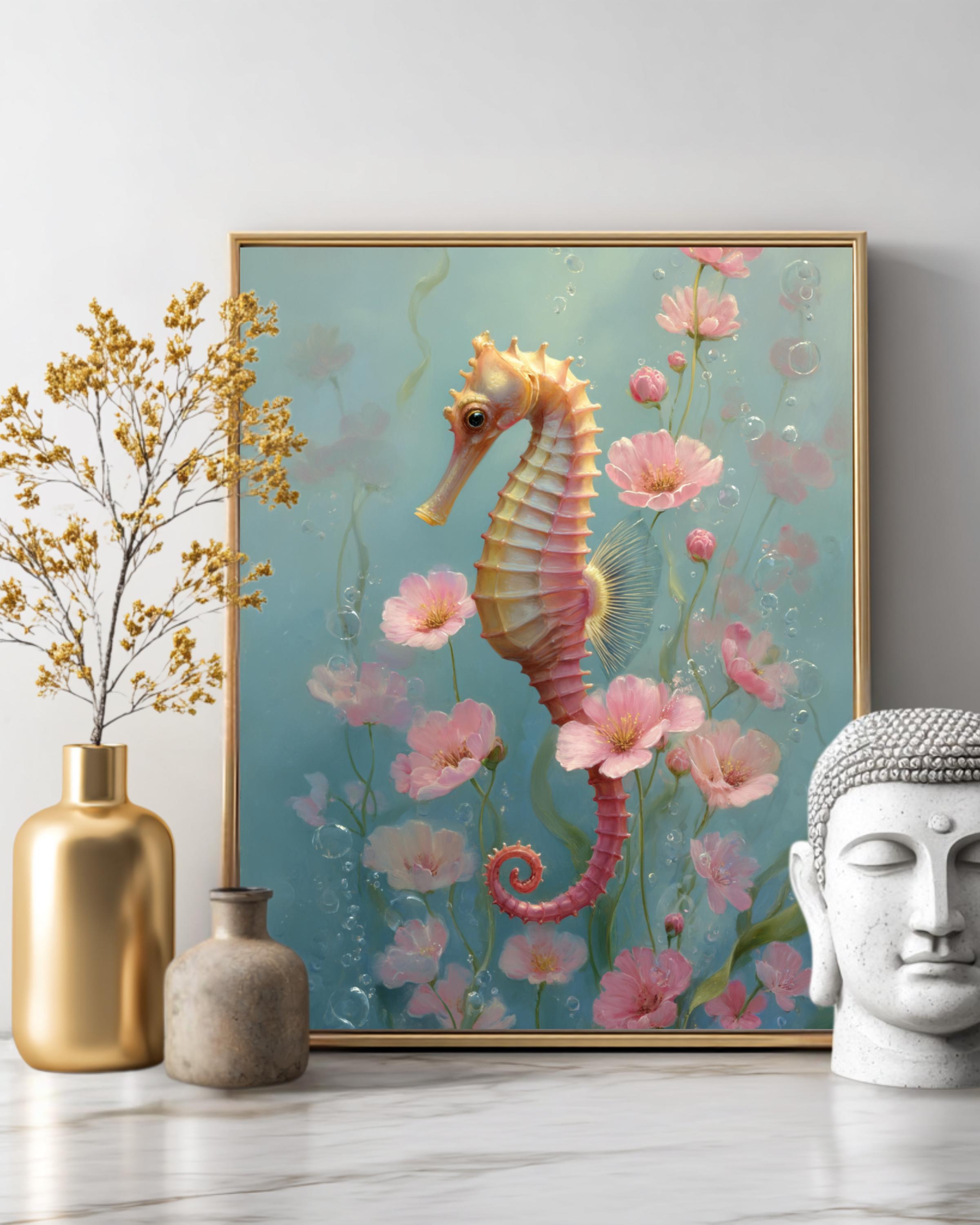 タツノオトシゴの油絵 - ピンクの花が咲いた水中アート、メアリー