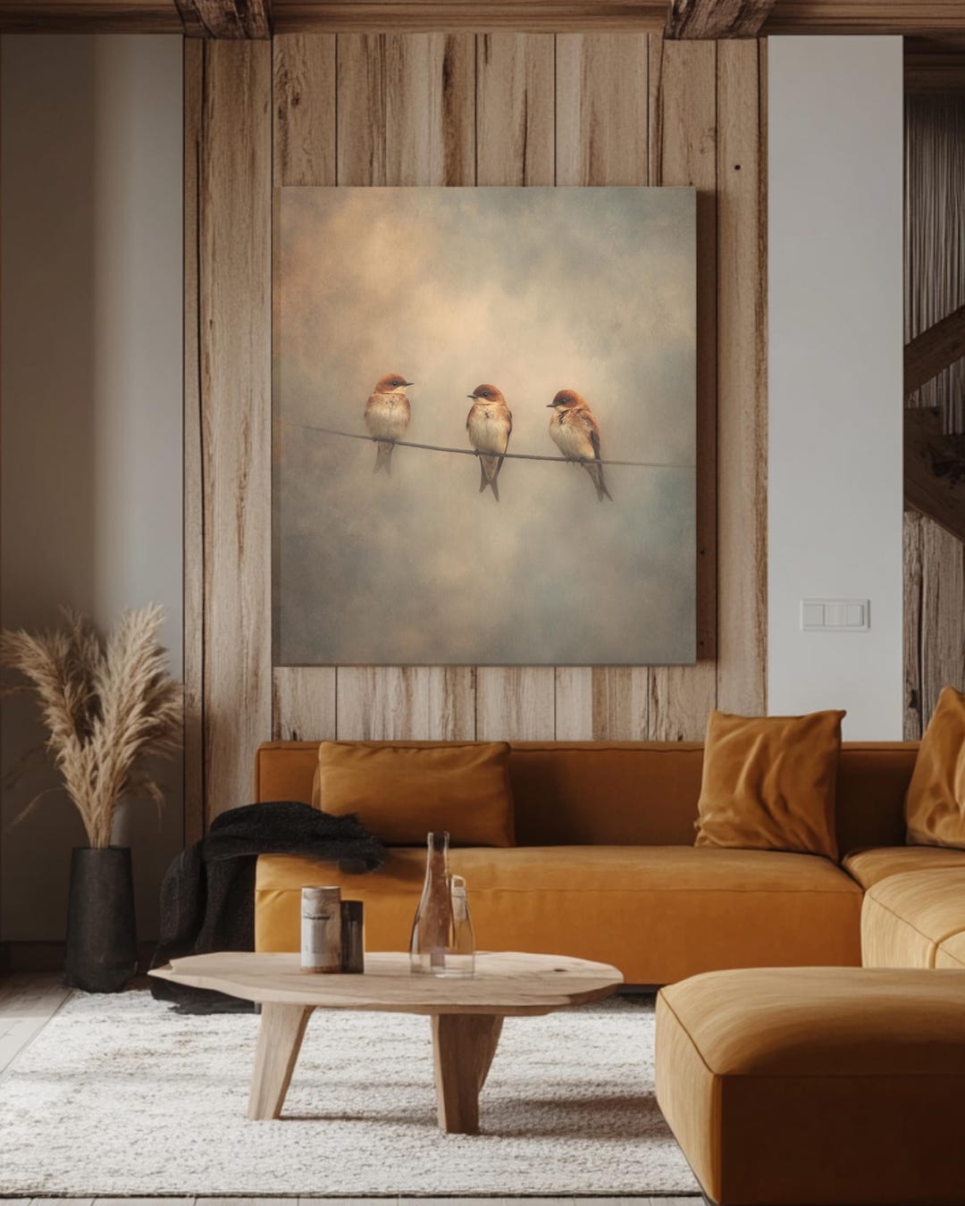 Three Birds on a Wire Wall Art | Minimalist Rustic Bird Print