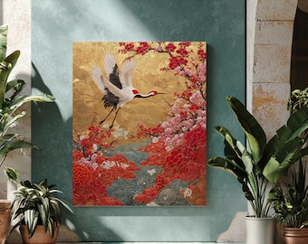 Golden Japanese Crane Wall Art, Red and Gold Sakura Blossom Painting, Elegant Oriental Bird Poster, Asian Inspired Cherry Flower Canvas