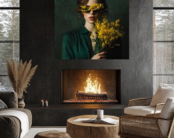 Modern Woman with Yellow Flowers Art Print, Elegant Portrait Wall Art, Bold Feminine Decor, Dark Green Aesthetic Poster