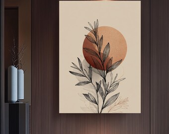 Può includere: Stampa su tela con un'illustrazione botanica. L'opera presenta una pianta stilizzata con sottili linee nere su uno sfondo beige. Un grande cerchio rosso-arancio è posizionato dietro la pianta, creando un'estetica minimalista.