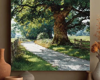 Impresión en lienzo de un viejo roble, paisaje de camino rural, arte de pared de estilo rústico