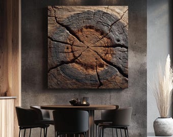 May include: A square wall art piece featuring a detailed close-up of a weathered tree stump cross-section. The wood displays deep brown and charcoal gray tones with prominent radial cracks and visible growth rings across the textured surface.