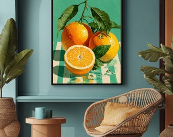 Orange Fruit Canvas Art, Retro Kitchen Poster, Farmhouse Home Decor