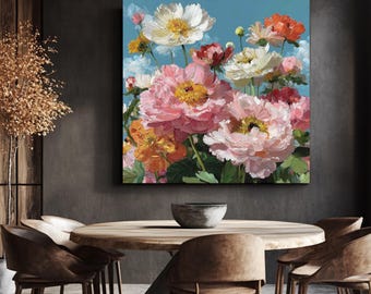 Large Pink and Orange Flower Painting, Colorful Peony Floral Wall Art on Light Blue-Green Background, Bright Modern Botanical Poster Canvas
