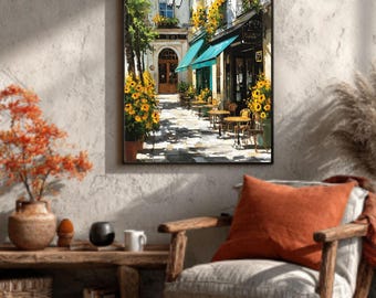 May include: A framed art print depicts a European street scene with a cafe. The artwork features a cafe with a teal awning, tables, and chairs. Yellow sunflowers and green foliage adorn the building. The print is displayed on a textured wall.