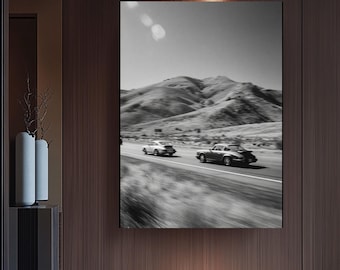 Impresión en lienzo de un Porsche Race vintage / Arte fotográfico de coche en blanco y negro