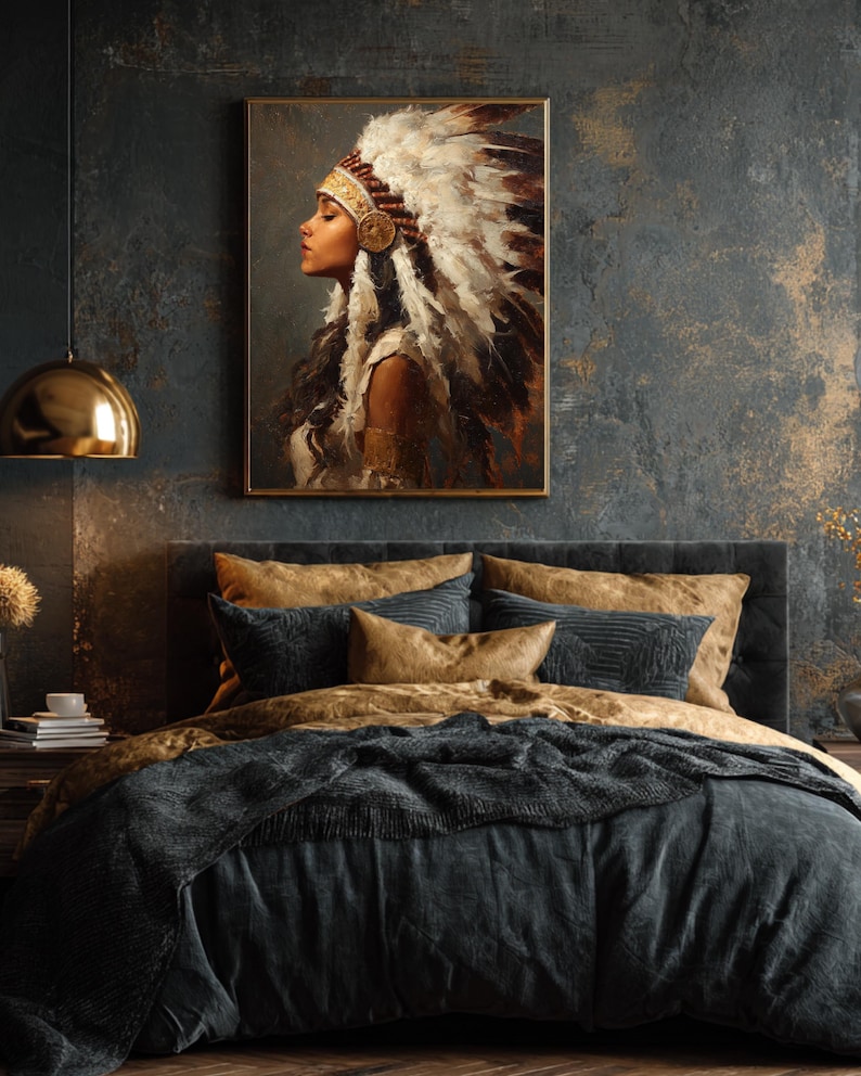 Native American Woman Oil Painting Art Print, Beautiful Portrait With ...