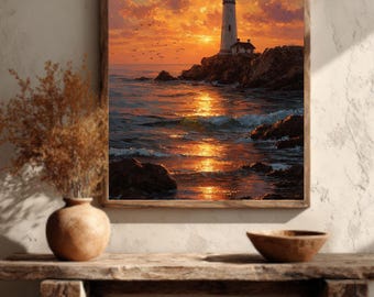 Könnte beinhalten: Gerahmtes Gemälde eines Leuchtturms an einer felsigen Küste bei Sonnenuntergang. Der Himmel ist ein feuriger Mix aus Orange und Gelb, der sich im Meer spiegelt. Der Leuchtturm ist weiß mit schwarzem Dach, und Vögel sind am Himmel zu sehen.