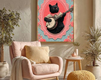 Impresión vintage de banjo de gato negro, retrato divertido de animal, arte mural cottagecore, póster antropomórfico victoriano