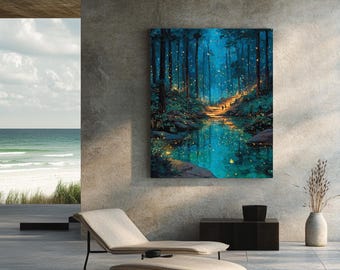 Magisch vuurvliegbos Art Print, betoverde nacht bosschilderij met gloeiende lichten, fantasielandschap postercanvas