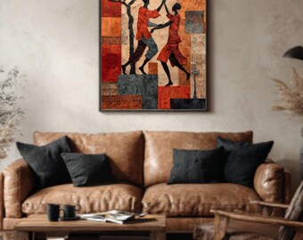 Arte mural con vibrantes motivos tribales africanos, motivos abstractos de acacias y pozos de agua en tonos tierra, póster de diseño étnico cultural.