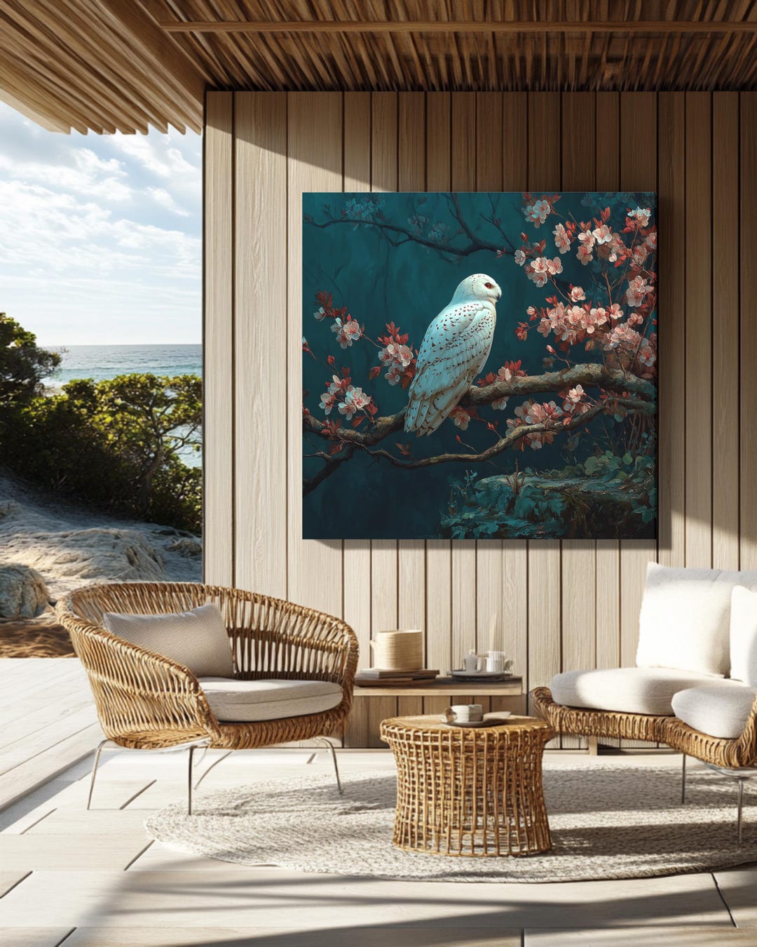 White Owl in Cherry Blossom Tree Painting, Mystical Forest Bird Wall ...