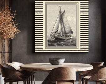 Vintage Sailboat Nautical Art Print, Old Sailing Ship Sketch Drawing, Black and White Marine Framed Canvas, Coastal Wall Decor