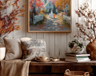 Puede incluir: Una pintura enmarcada representa una escena de iglesia con figuras caminando por un camino. La obra de arte presenta una iglesia blanca, una valla blanca y un vibrante follaje otoñal en tonos rojos, naranjas y amarillos. La pintura se exhibe en una pared de madera.