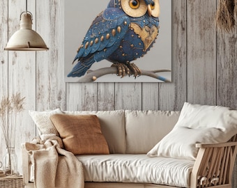 Blue Ornate Owl on Branch with Moon and Stars Art Print, Glowing Eyes Night Sky Poster, Intricate Metalwork Style Canvas