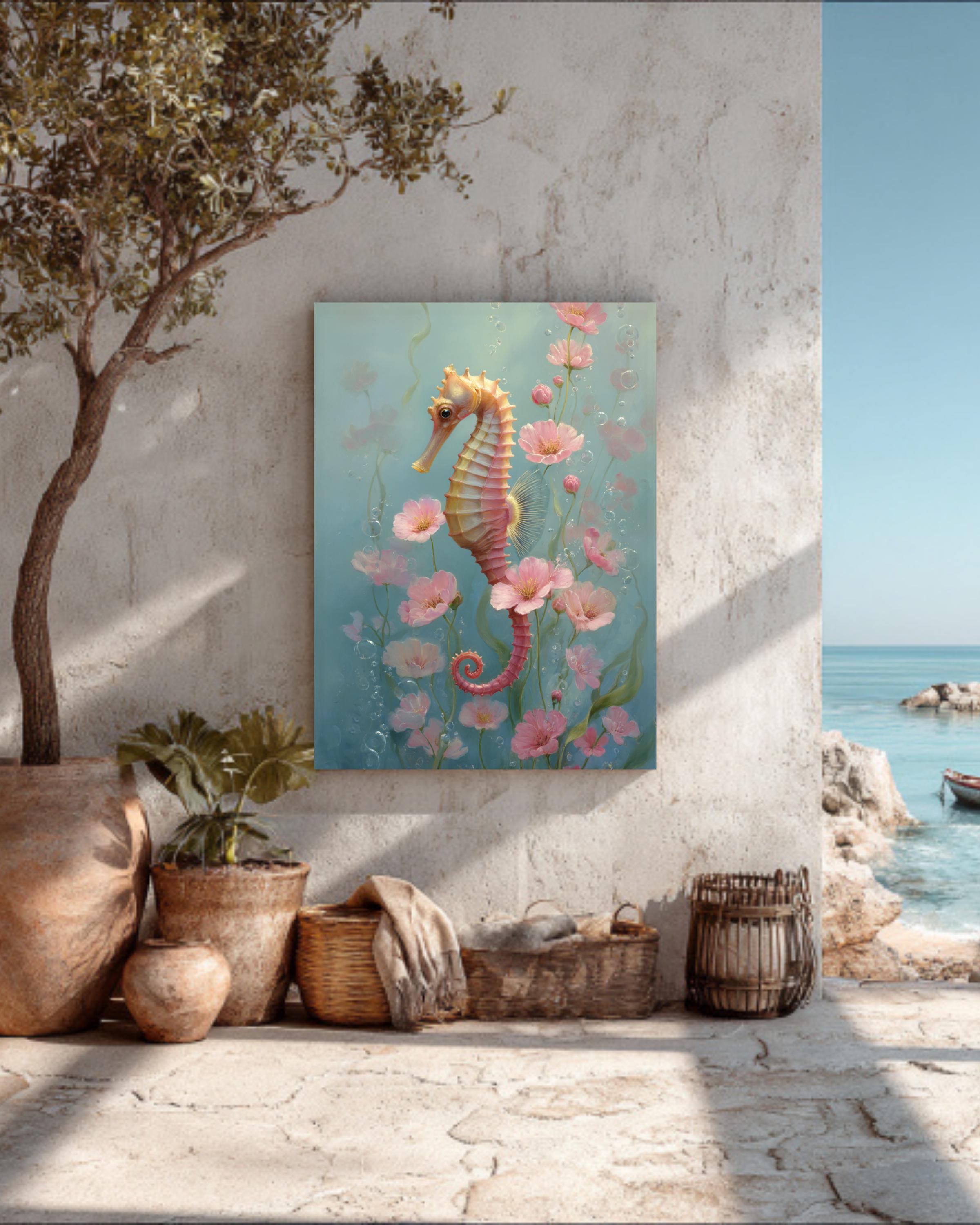 タツノオトシゴの油絵 - ピンクの花が咲いた水中アート、メアリー