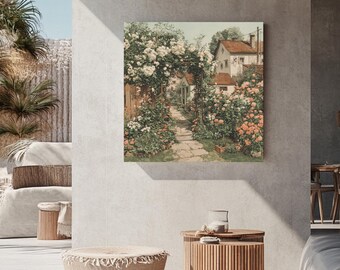 Acuarela vintage de un jardín campestre con flores blancas y rosas, valla de madera, estilo antiguo en tonos pastel suaves, lienzo para póster