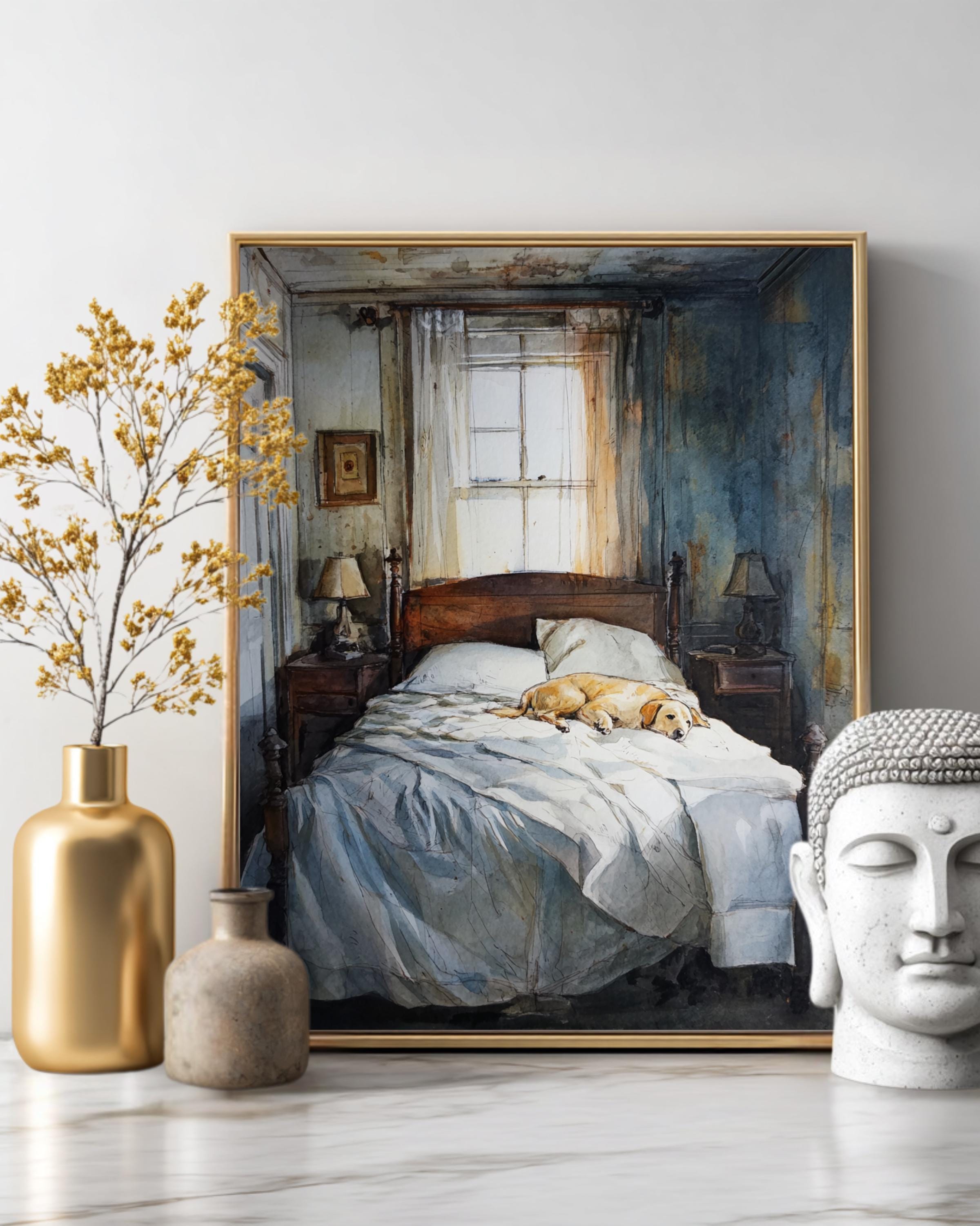 Watercolor Painting of Andrew Wyeth–style Bedroom, Sleeping Yellow
