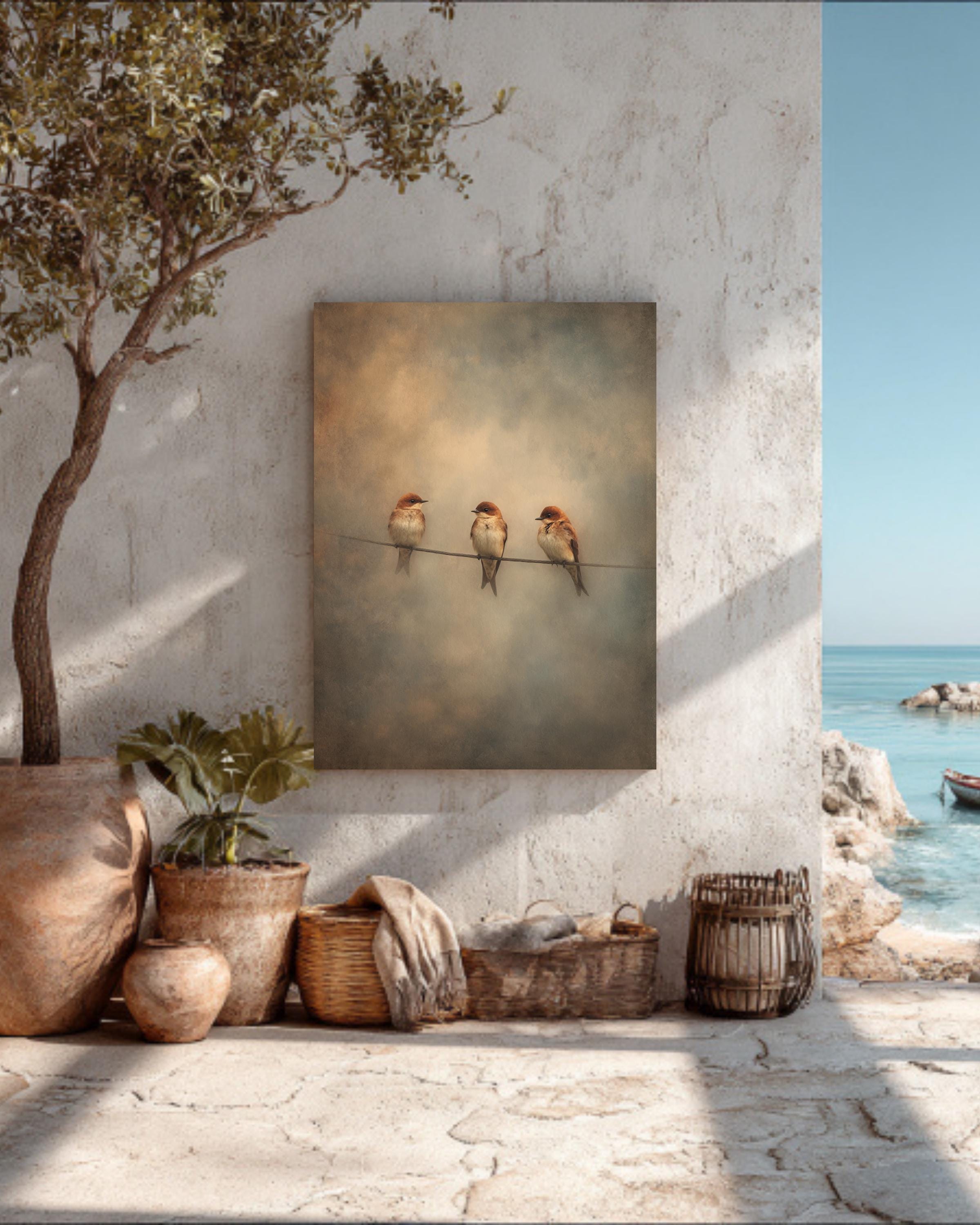 Three Birds on a Wire Wall Art | Minimalist Rustic Bird Print