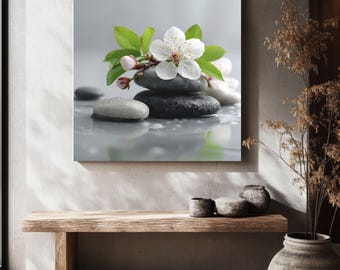 Płótno z kwiatowymi kamieniami zen | Biała grafika do łazienki spa | Spokojny, botaniczny, relaksujący wydruk