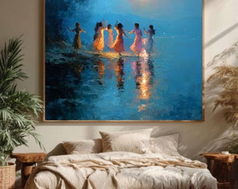 Moonlit Dancing Women Canvas Art, Whimsical Night Sky Painting