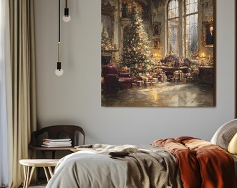 May include: An oil painting depicts a festive Christmas scene in a grand room. A decorated Christmas tree is the focal point, surrounded by wrapped gifts. The room features large windows, ornate furniture, and warm lighting, creating a cozy holiday atmosphere.