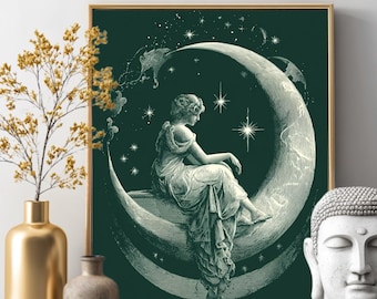 Vintage Moon Goddess Illustration Art Print, Celestial Woman Sitting on Crescent Moon with Glowing Stars