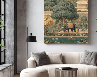 May include: A framed wall art print depicting a detailed, colorful scene of an elephant in a garden setting. The artwork features lush trees, a pond, and figures in traditional attire, with a palace in the background. The color palette includes greens, blues, and yellows.