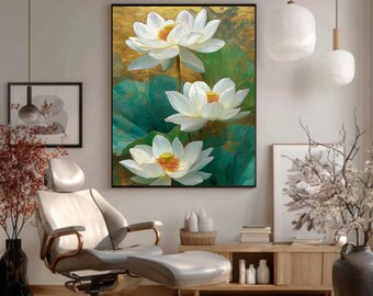Gold White Lotus Canvas Art Print: Elegant Asian Floral Wall Decor