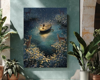 Pintura al óleo caprichosa de una niña en un bote rodeada de pequeños animales, entre flores silvestres y luciérnagas, un arte mural mágico y onírico.