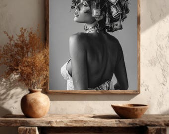 Woman with Money Canvas | Luxury Fashion Black and White Art | Vintage Museum Quality Photography
