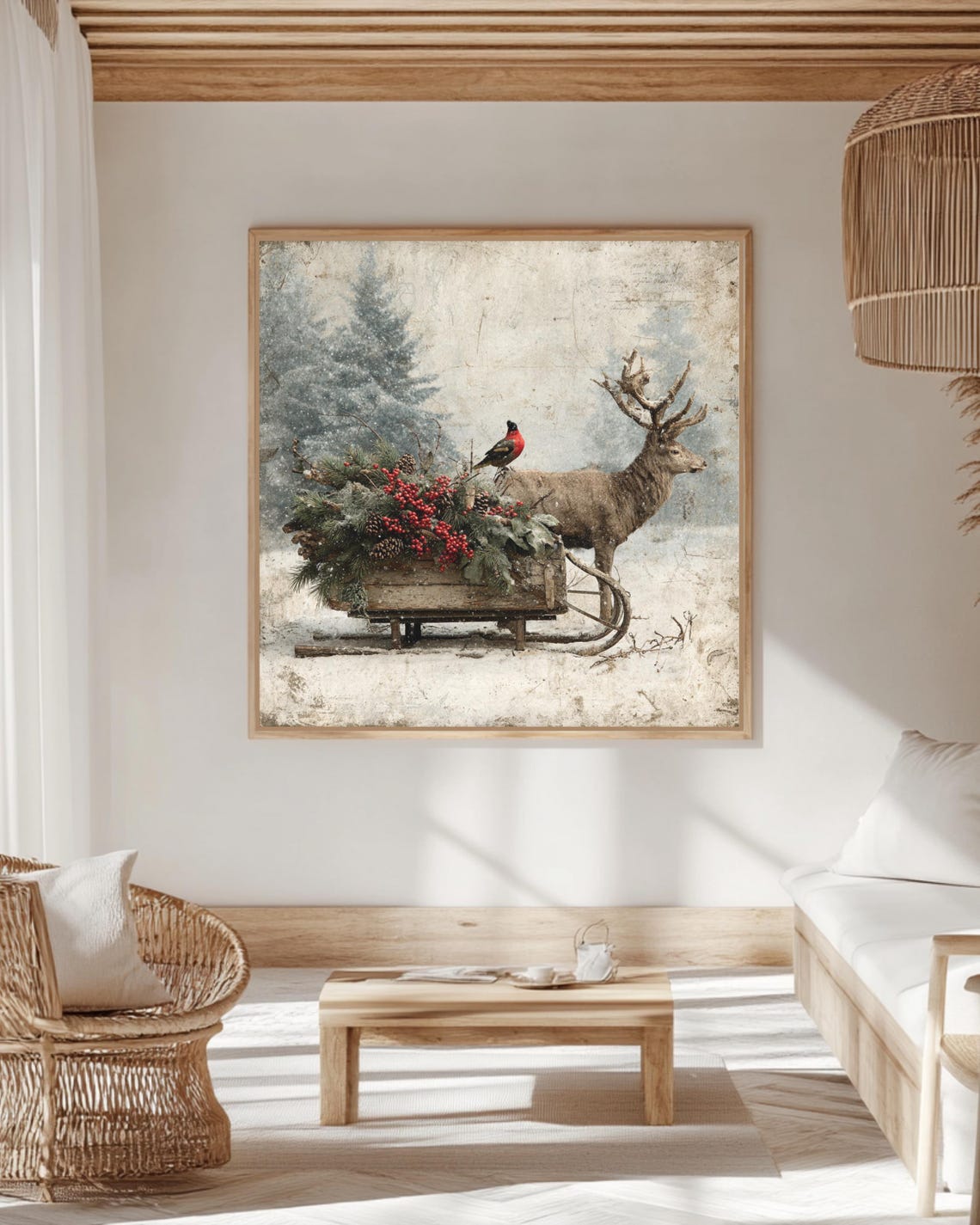 Rustic Winter Deer and Cardinal Wall Art | Vintage Christmas Woodland ...