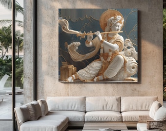 May include: A large, framed wall art piece depicting a white sculpture of a figure playing a flute, set against a teal and gold background. The artwork is mounted above a modern, neutral-toned sofa in a contemporary living room setting.