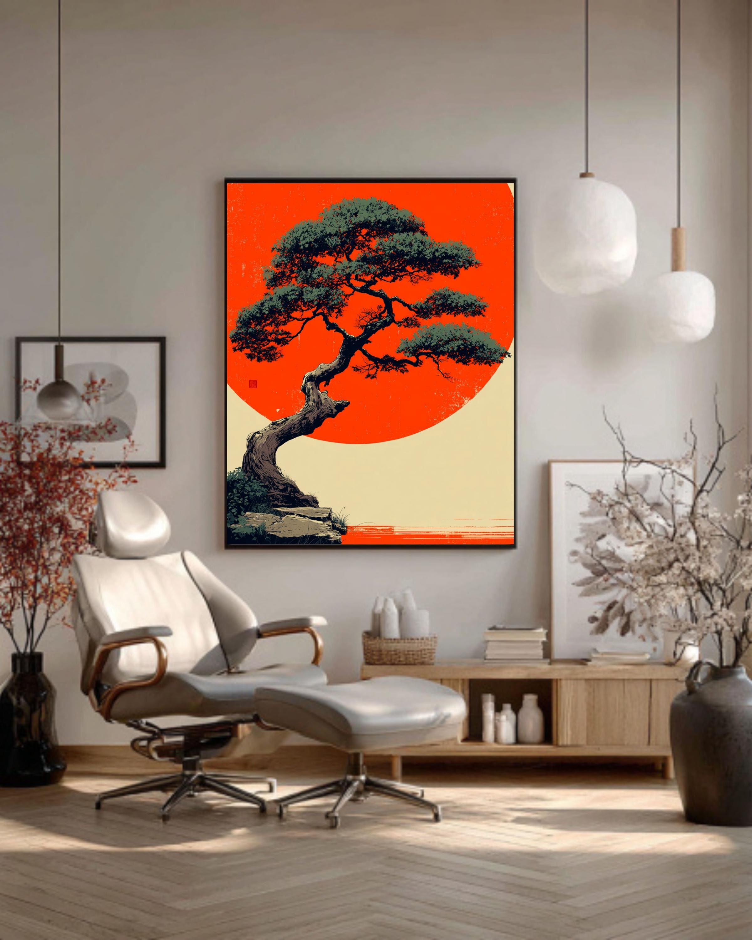 Bonsai Tree Canvas Print, Okinawa Sunset, Asian Minimalist Wall