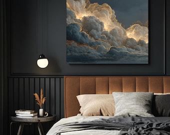 Goldene Wolke Nachthimmel Wandkunst, dunkler Sternenhimmel Poster, Wolke mit Glitzerrand Leinwand, Hyperrealistisch, Elegant Himmlisch