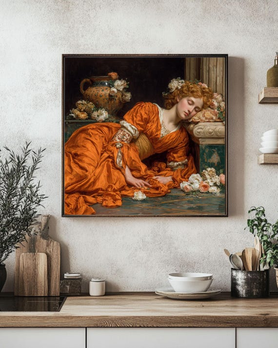 painting of lady in orange dress Neoclassical Sleeping Venus Print, Painting, Romantic Victorian Wall Art, Pre-raphaelite Inspired Canvas Decor Elegant dinner outfit