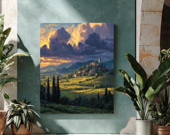 Toscaanse zonsondergang landschap muurkunst | Gouden uur plattelandsdorp | Uitzicht op Italiaanse heuvels, wijngaard | Rustiek Europa poster canvas decor