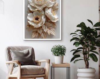 Lienzo floral en relieve 3D, impresión de peonía beige tallada en madera, decoración de pared con flores de textura neutra, diseño botánico escultural.