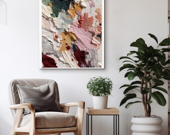 Thick Texture Abstract Art Print, Pastel Impasto Oil Painting, Minimalist Wall Decor, Beige Pink Green Palette