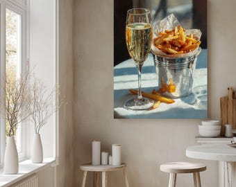 Champagne and Fries Oil Painting, Still Life Food Canvas Print