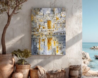 Abstract Jerusalem Cityscape Art Print, White and Gold Mosaic Oil Painting with Silver Reflections, Modern Holy City Poster Canvas